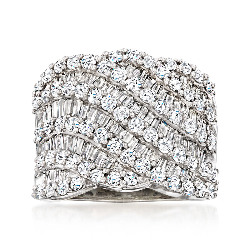 Vintage diamond wave ring in 14kt white gold with baguette and round stones