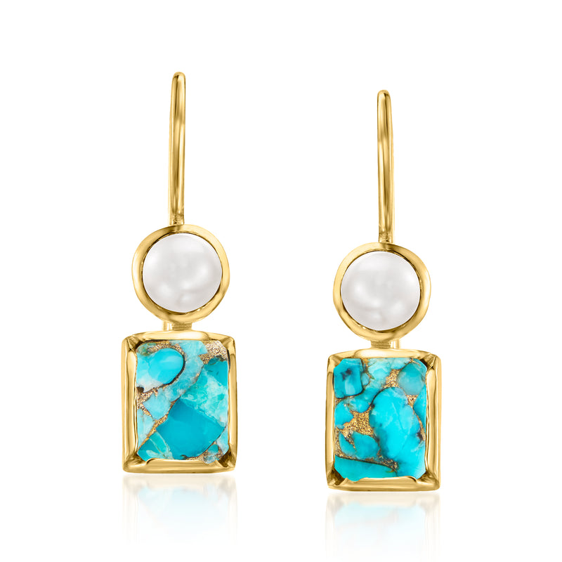 Gold pearl and turquoise drop earrings, square stone with earwire
