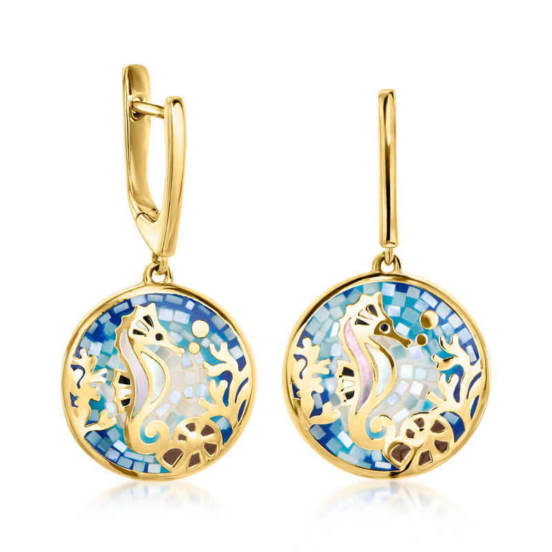 Gold-tone seahorse mosaic round drop earrings with blue enamel and mother-of-pearl