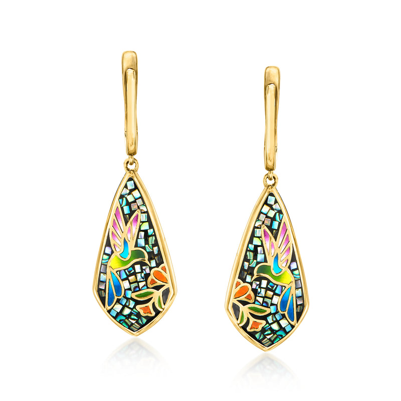 Enamel and abalone hummingbird mosaic drop earrings, gold-tone teardrop with colorful inlay