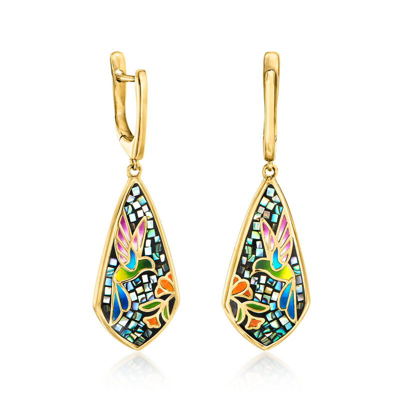 Enamel and abalone hummingbird mosaic drop earrings, gold-tone hinged hook, teardrop design