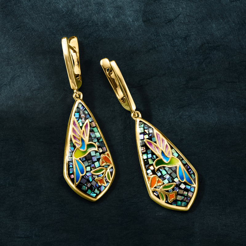 Gold-tone enamel and abalone hummingbird mosaic drop earrings, teardrop multicolor inlay