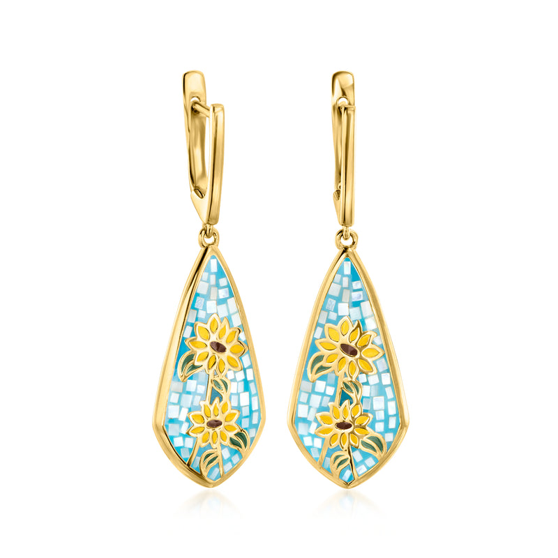 Gold drop earrings with blue enamel teardrop mosaic and sunflower motif