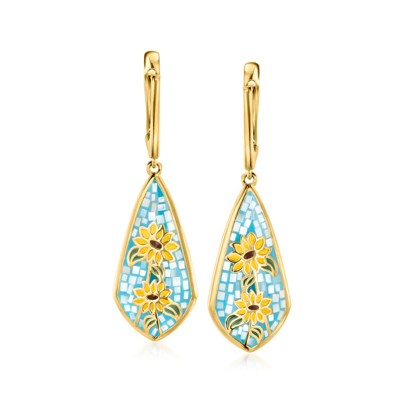 Gold drop earrings with blue teardrop enamel mosaic and yellow sunflower detail