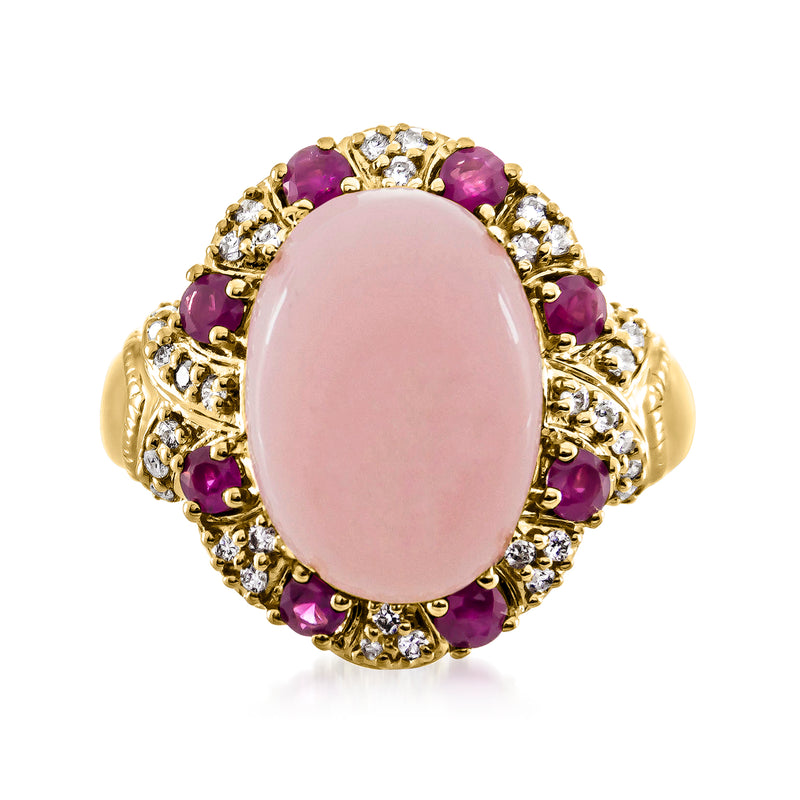 Oval pink opal ring with ruby and diamond halo, 18k yellow gold