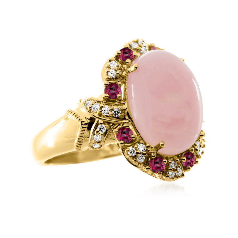 Pink opal ring with ruby and diamond accents in 18kt yellow gold