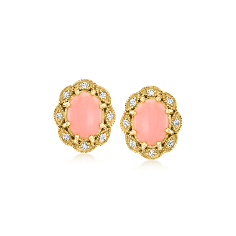 Gold-tone stud earrings with pink oval stone and white zircon halo