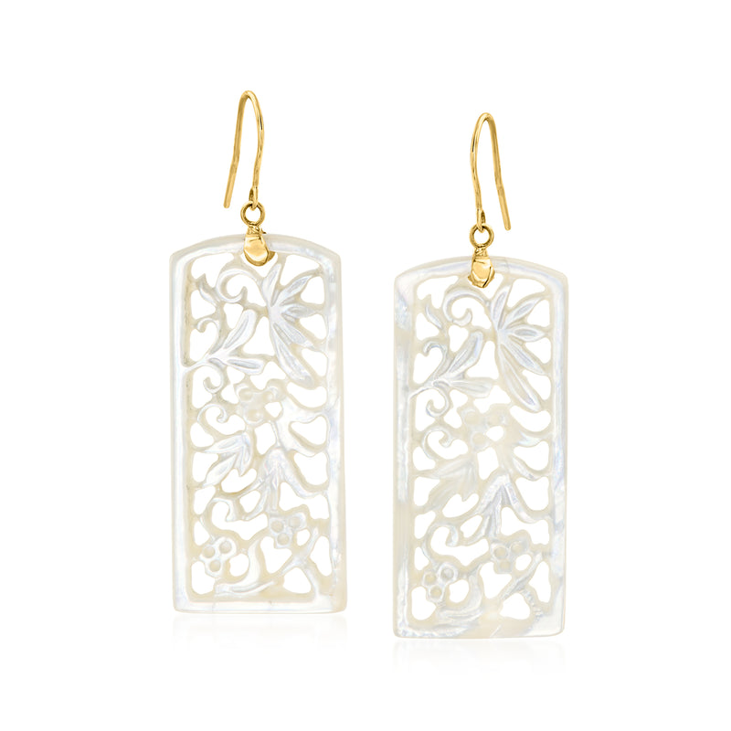 Carved mother-of-pearl rectangular drop earrings, 14kt yellow gold earwires