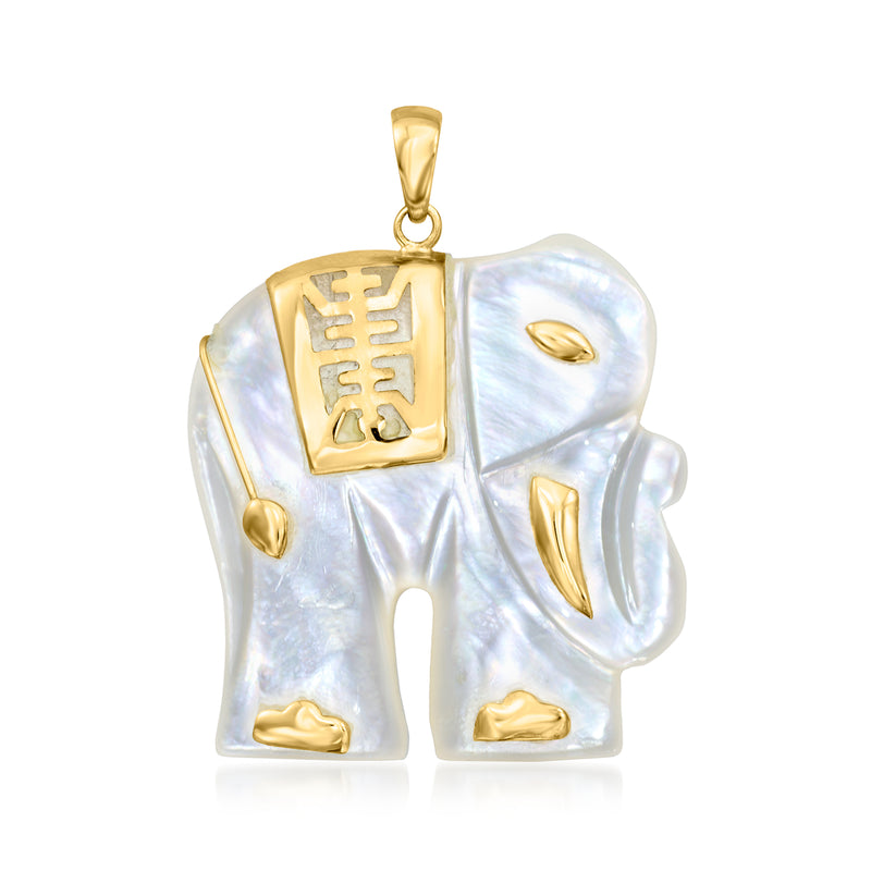 Mother-of-Pearl elephant pendant in 14kt yellow gold with carved “Good Luck” charm