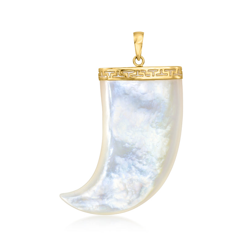 Mother-of-Pearl horn pendant with 14kt yellow gold top and bail, crescent shape