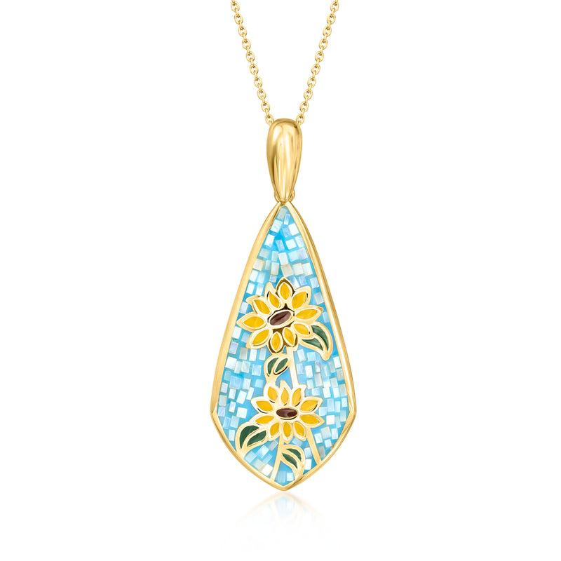 Gold-tone teardrop pendant necklace with sunflower mosaic enamel and mother-of-pearl