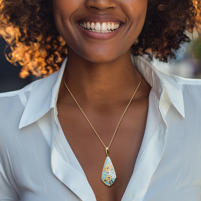 Gold-tone chain necklace with teardrop sunflower mosaic enamel pendant