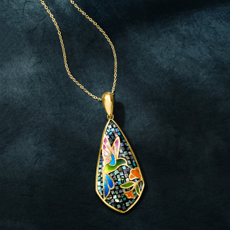 Hummingbird mosaic teardrop pendant necklace in gold with multicolor enamel tiles
