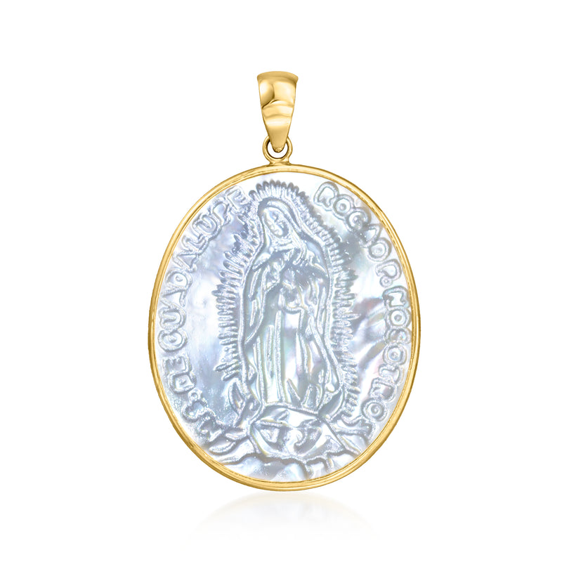 Carved mother-of-pearl Holy Mother pendant in 14kt yellow gold bezel