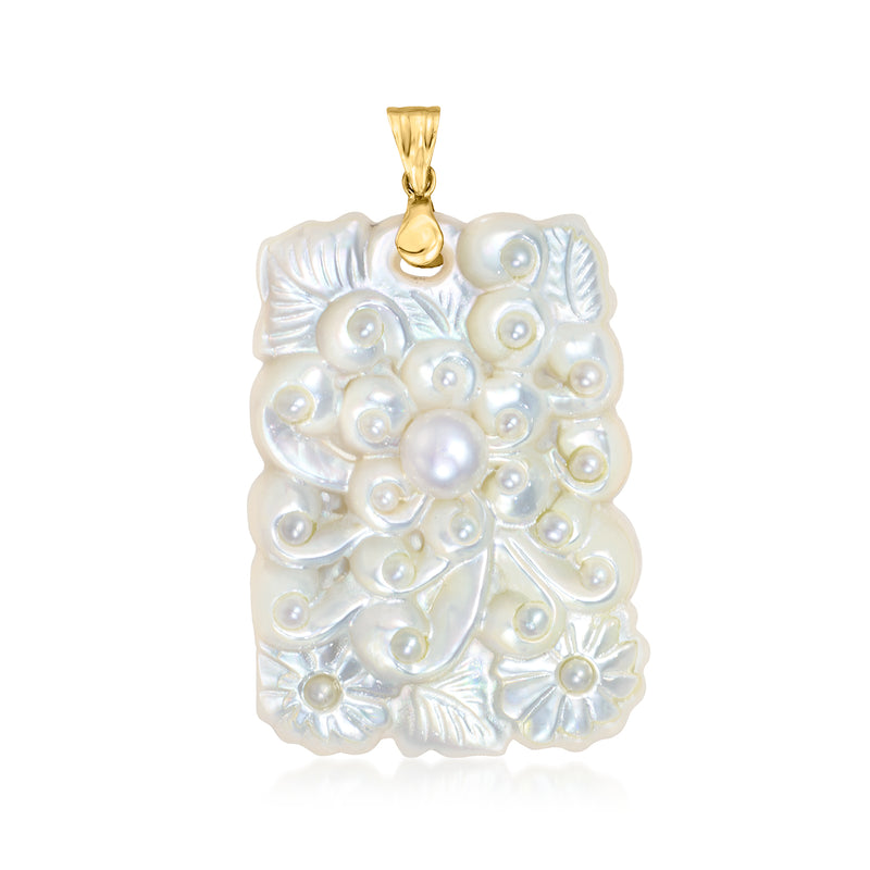 Carved mother-of-pearl floral pendant with cultured pearls and 14kt yellow gold bail