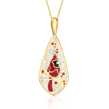 Mother-of-Pearl and Multicolored Enamel Cardinal Mosaic Pendant Necklace in 18kt Gold Over Sterling. 18"
