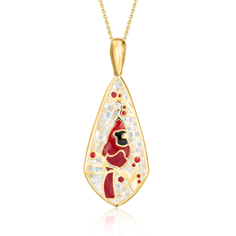 Gold teardrop pendant necklace with cardinal enamel mosaic and iridescent inlay