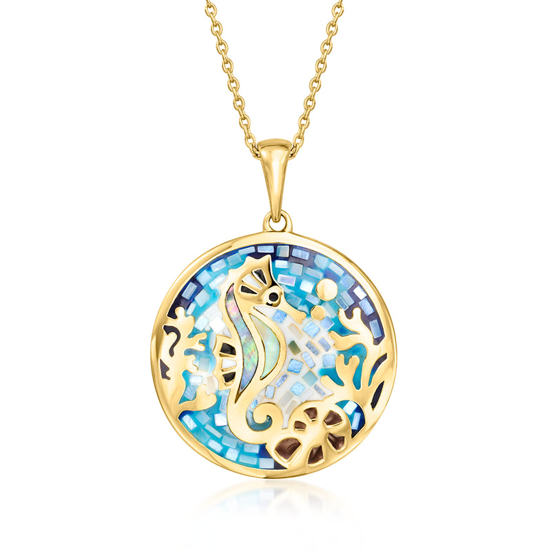 18kt gold over sterling seahorse mosaic pendant necklace with round blue enamel MOP design