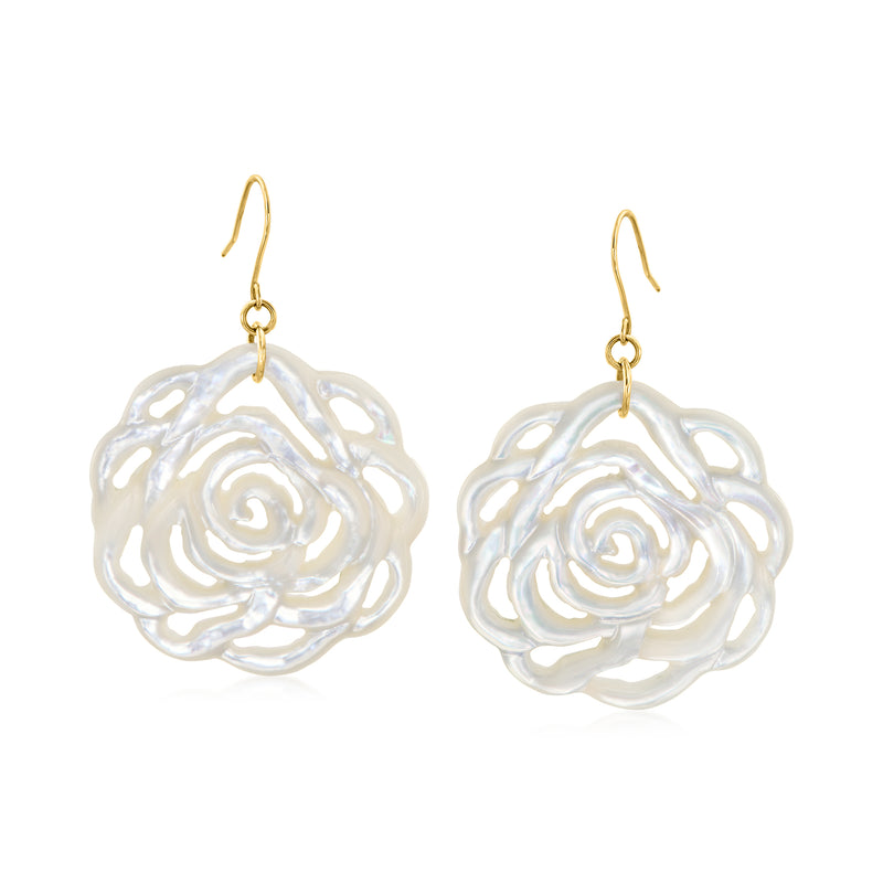 Carved mother-of-pearl rose drop earrings with 14kt yellow-gold earwires