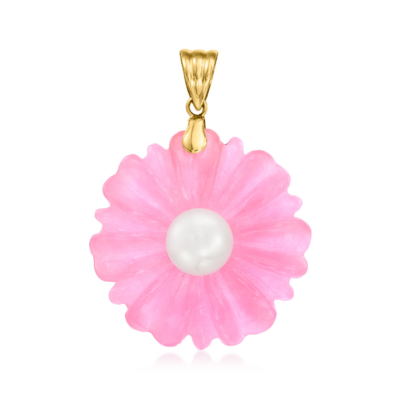 Pink flower jade pendant with cultured pearl center and 14kt yellow gold bail