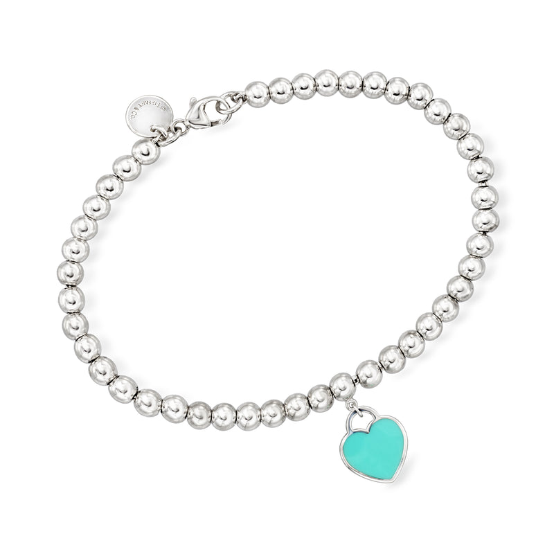 Sterling silver bead bracelet with blue-green enamel heart charm