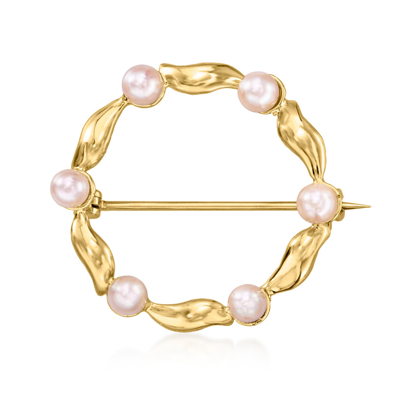 Vintage circular 14kt yellow gold pin with textured frame and cultured pearls, straight bar
