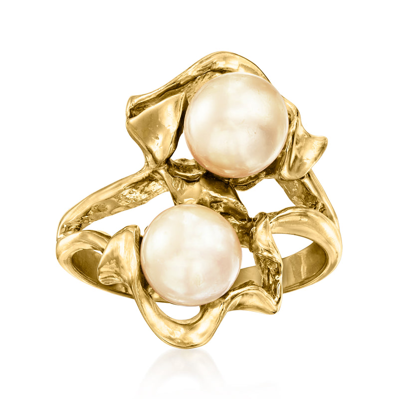 Vintage 14kt yellow gold duo pearl ring with two round golden cultured pearls