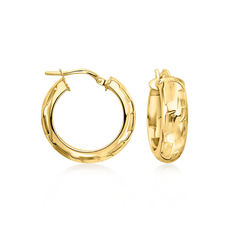 Vintage 14kt yellow gold brushed hoop earrings, hinged snapback with rounded profile