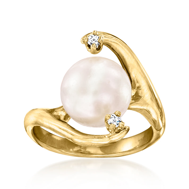 Vintage 14kt yellow gold ring with large round cultured pearl and diamond accents