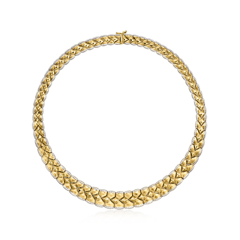 Two-tone gold collar necklace with textured link chain and clasp
