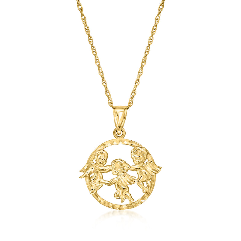 Vintage 14kt yellow gold three angels pendant necklace with round medallion