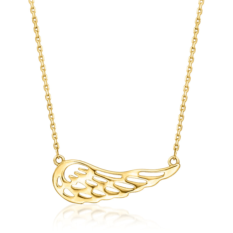 10kt yellow gold openwork angel wing pendant on chain necklace