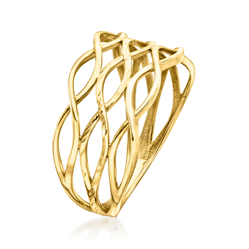 Yellow gold open-space wave ring, curved metal loops with hollow center
