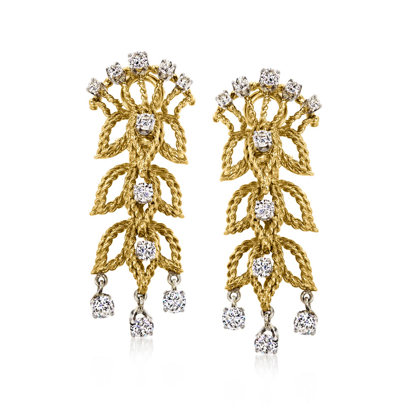 18kt yellow gold diamond leaf drop earrings with dangling crystal clusters