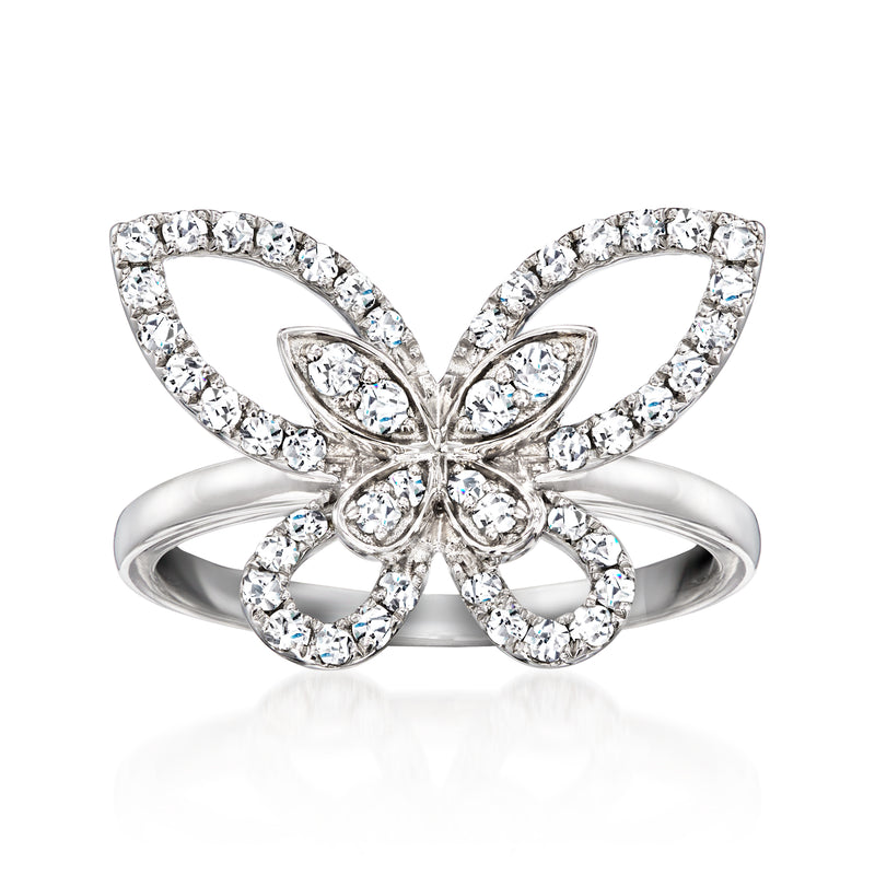 White gold butterfly diamond ring with oval center and pave-set stones