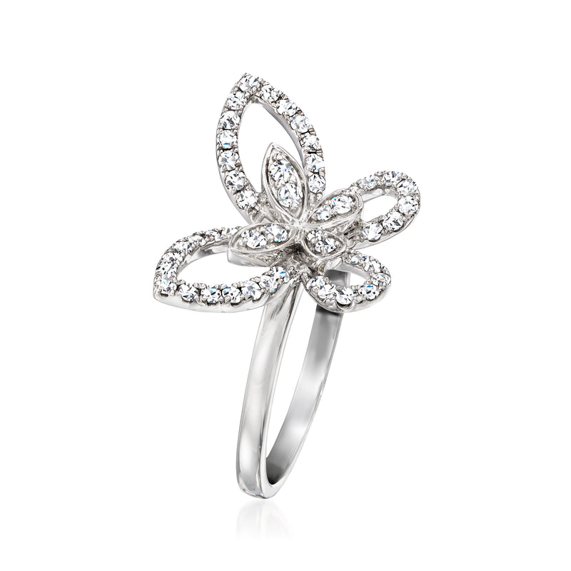 White gold butterfly diamond ring, side view with pave-set sparkle stones
