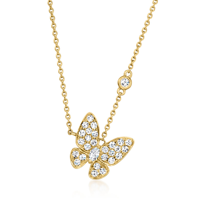 18kt yellow gold diamond butterfly necklace with round-cut stones on pendant