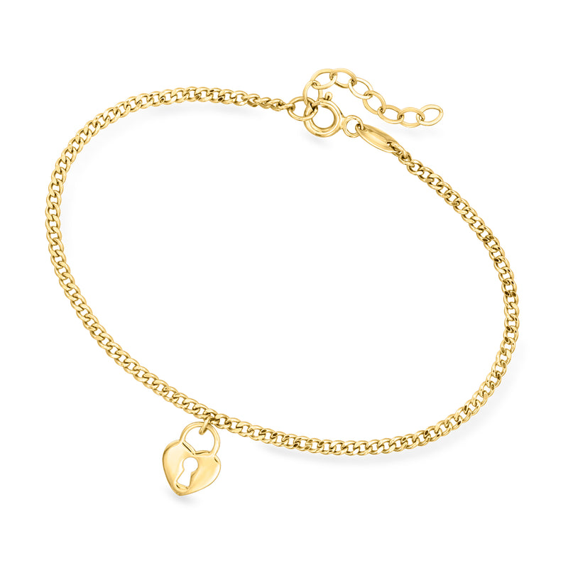 10kt yellow gold heart lock charm bracelet with chain and heart padlock charm