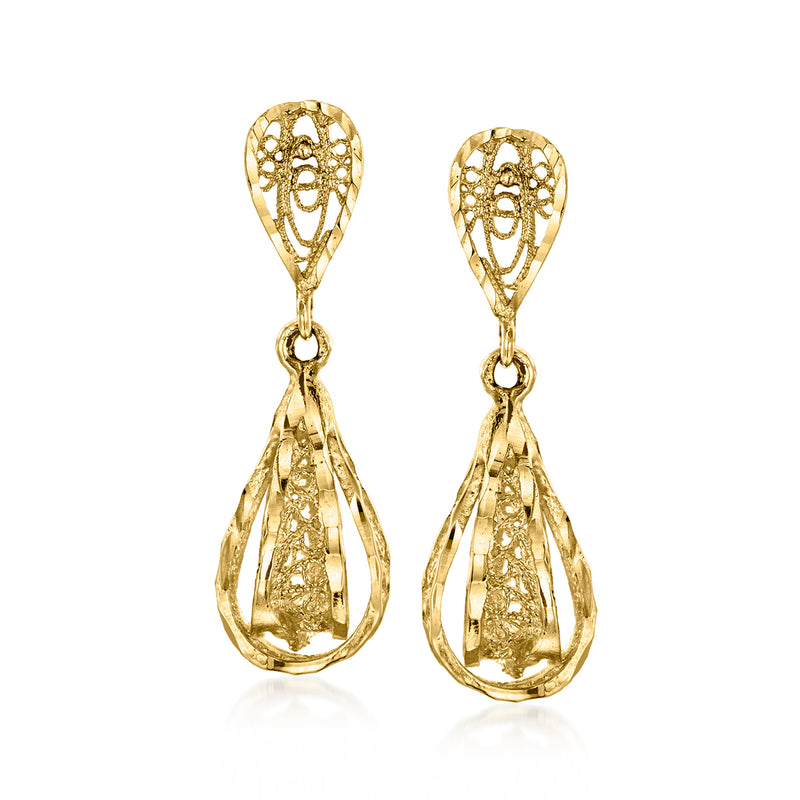 Vintage 14kt yellow gold openwork teardrop drop earrings with scalloped dangle detail