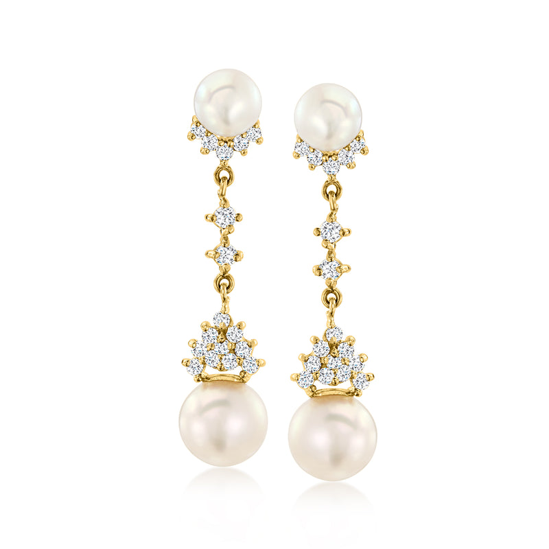 Vintage 14kt yellow gold pearl and diamond drop earrings, round cultured pearls