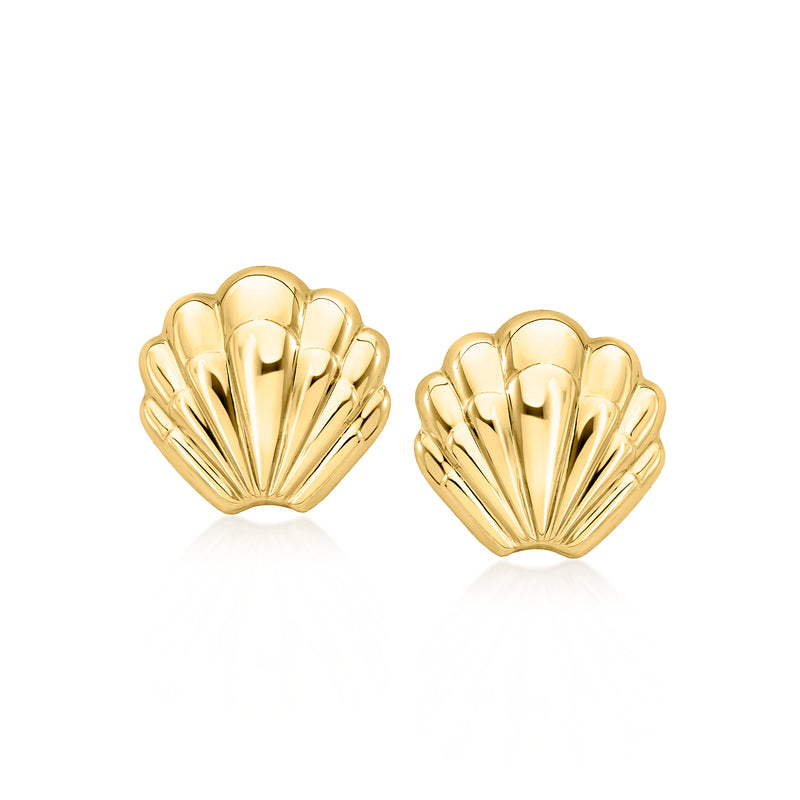 Vintage 14k yellow gold puffed shell stud earrings, glossy scallop shape