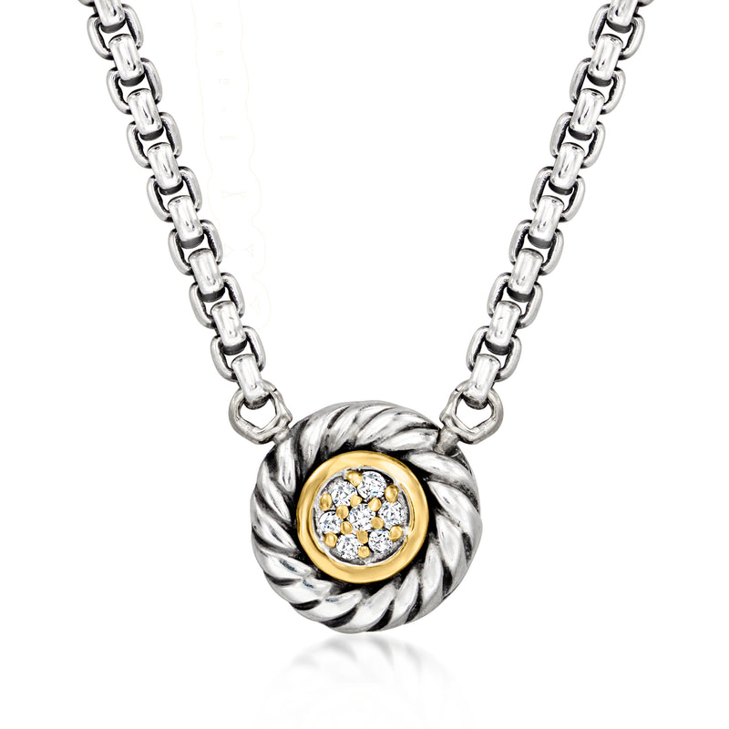 David Yurman vintage diamond cluster necklace, sterling silver chain with round gold bezel