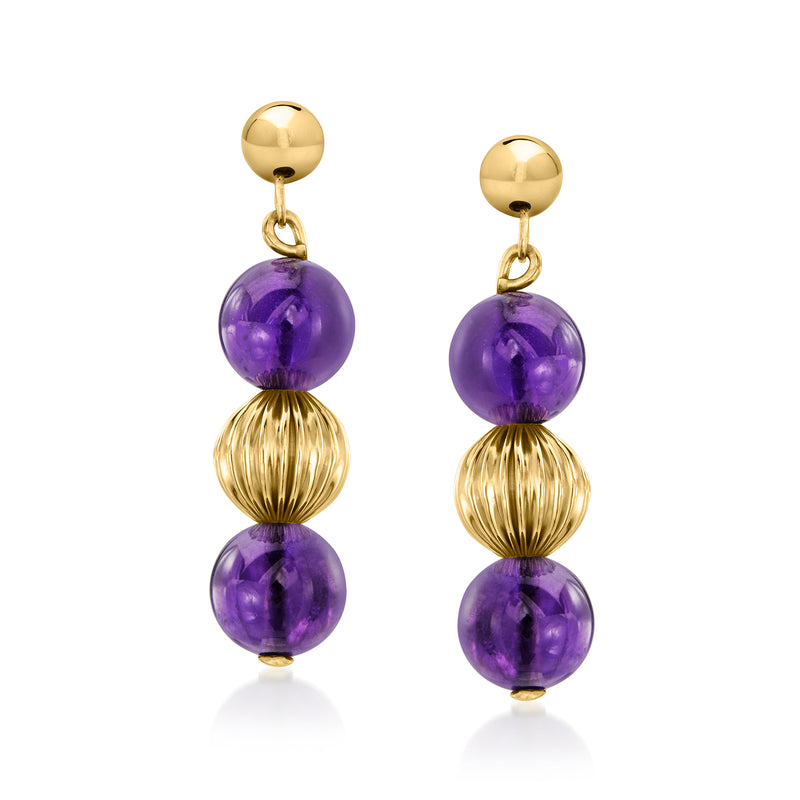 14kt yellow gold drop earrings with purple amethyst beads and gold accents
