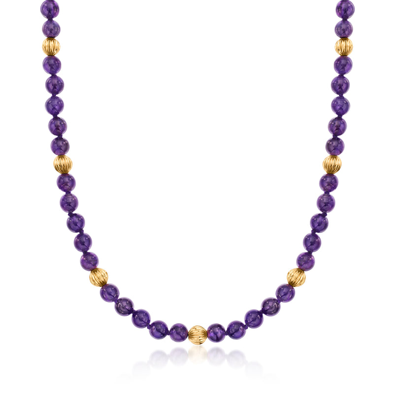 Amethyst bead necklace with round purple stones and 14kt yellow gold accents