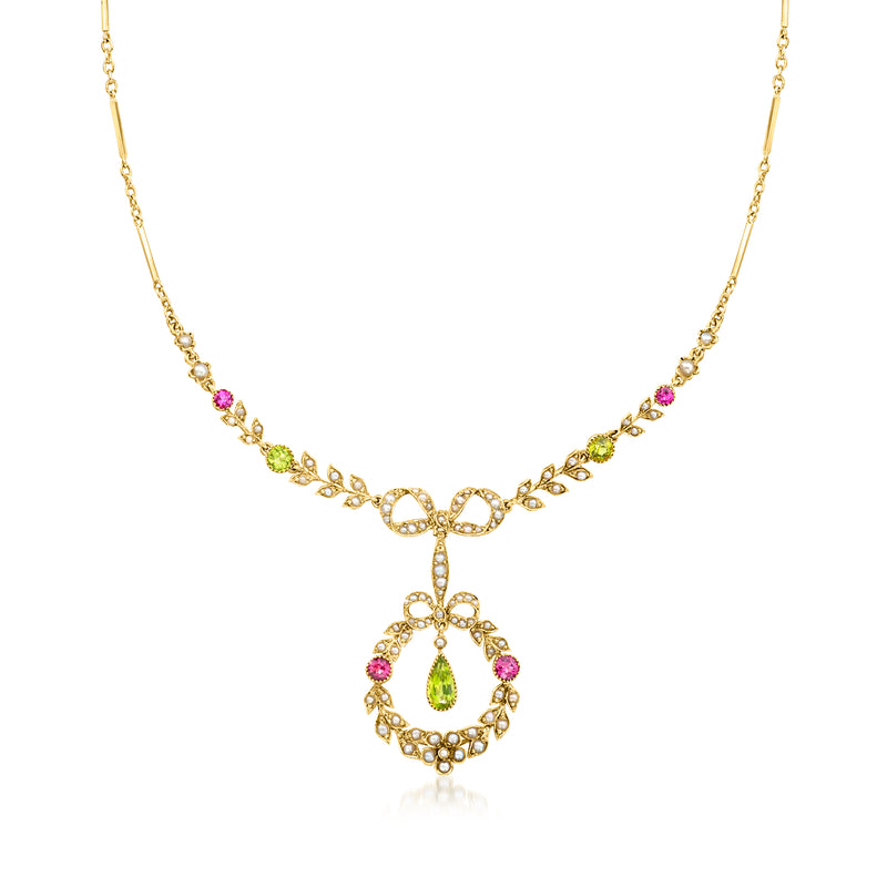 Wreath necklace in yellow gold with cultured pearls, green peridot and pink tourmaline pendant