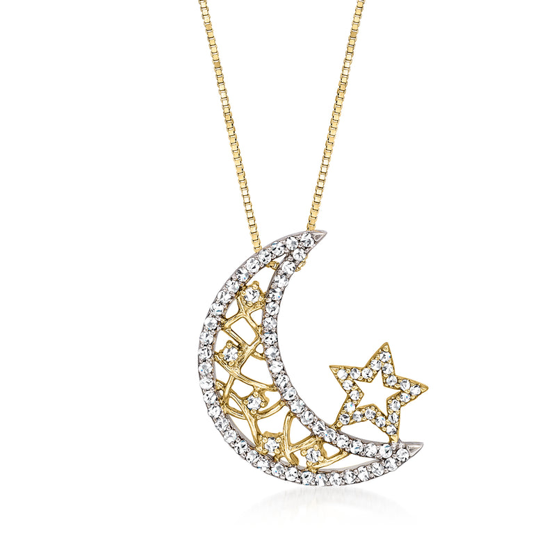 Two-tone gold diamond crescent moon and star pendant necklace on chain