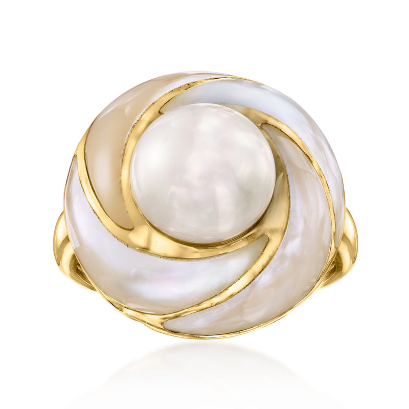 Vintage 14kt yellow gold ring with mother-of-pearl oval and cultured pearl center