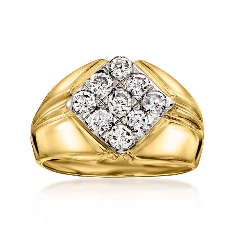 Yellow gold diamond cluster ring with square halo of round brilliant-cut diamonds