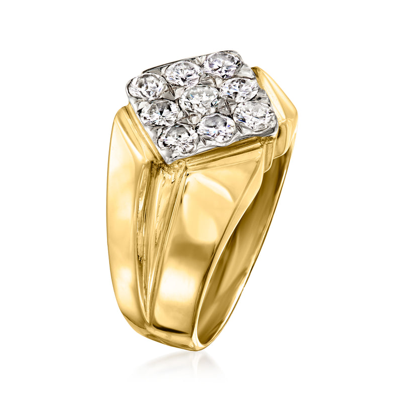 Yellow gold diamond cluster ring with raised square diamond top, curved shoulders