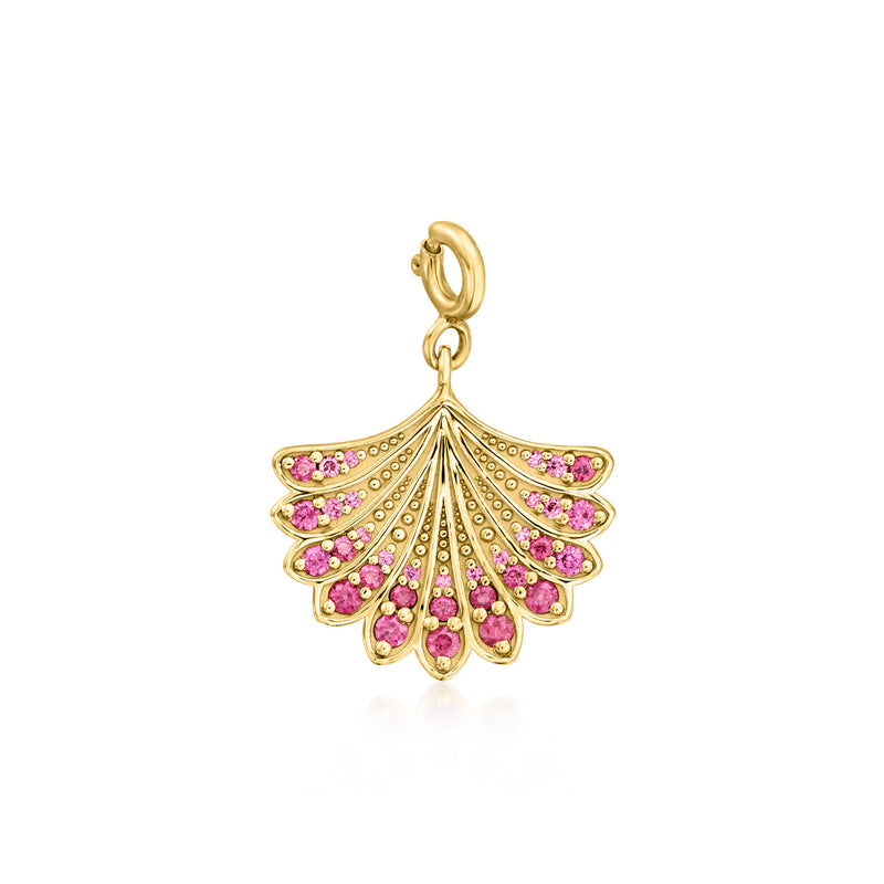 Gold seashell charm with pink gems in fan shape.